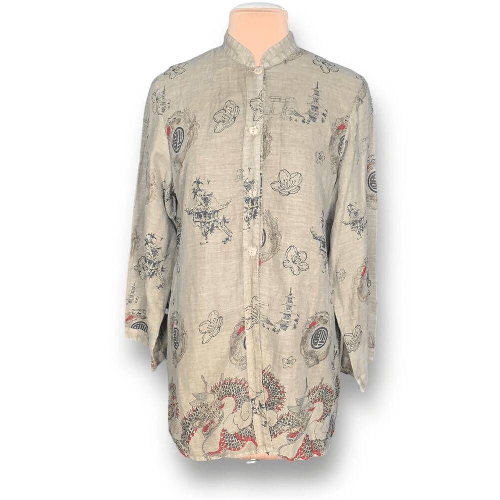 Vintage Citron Santa Monica Tan Linen Dragon Print Mandarin Collar Shirt Medium